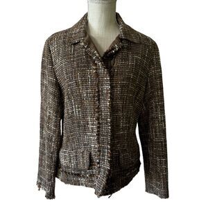 Perry Ellis Tweed Blazer Jacket Womens Sz 12 Brown Wool Blend Preppy Career Work